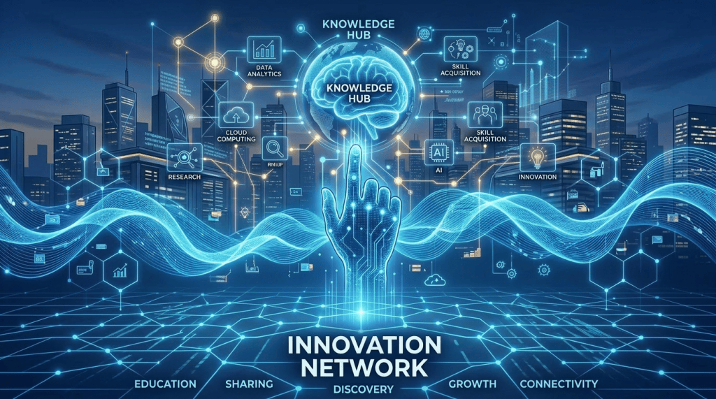 Four professionals using digital devices connecting through a virtual knowledge hub with innovation and technology icons